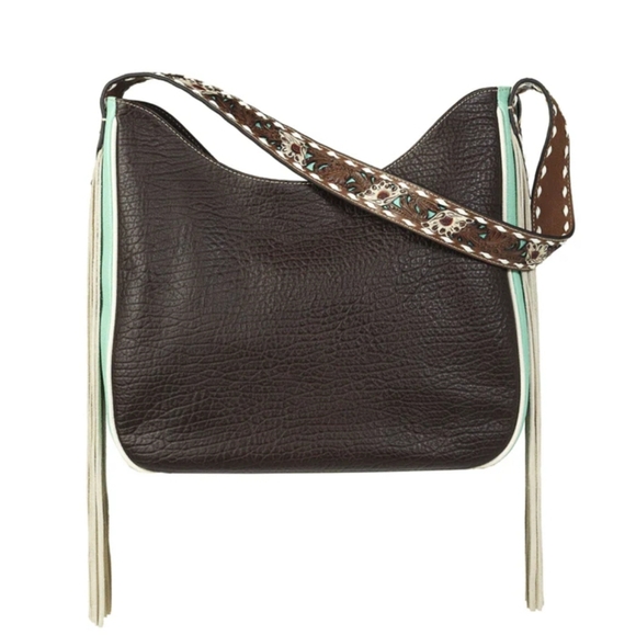 NWT Ariat Monroe brown Tiffany blue leather fringe shoulder bag purse - Picture 4 of 7